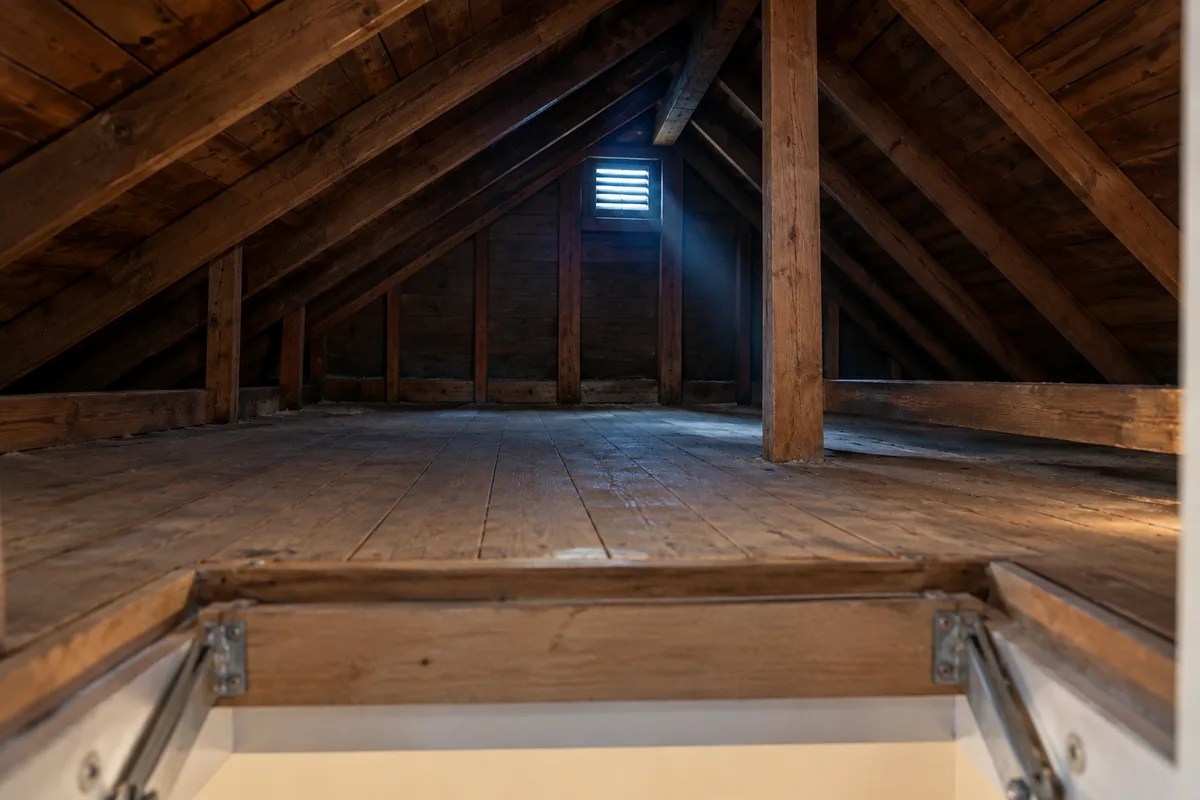Illustrative timber roof space viewed through an open loft hatch