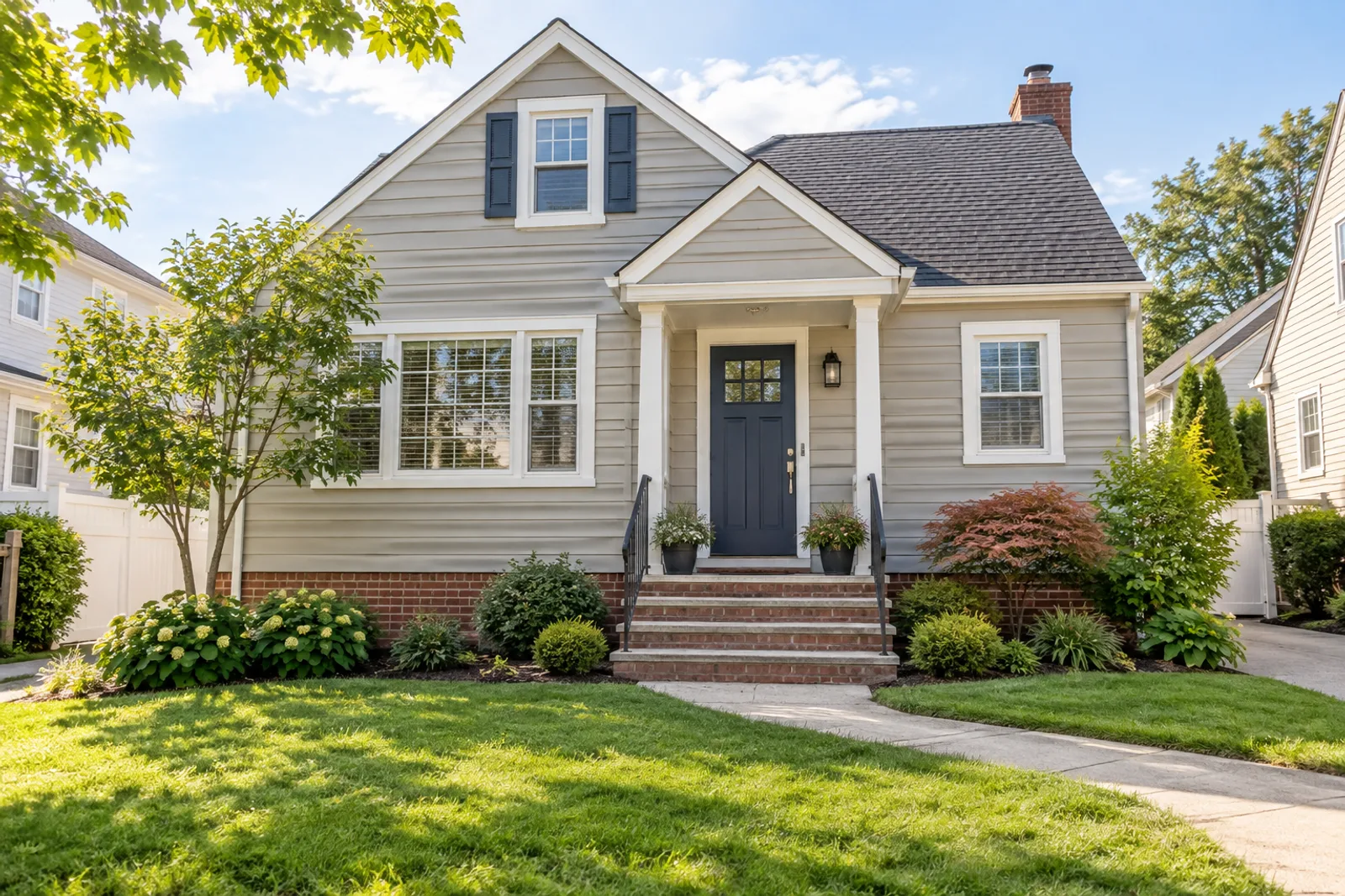 Illustrative Staten Island-style home and front garden in daylight