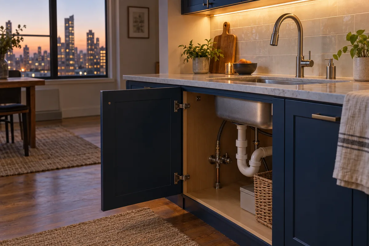 Illustrative kitchen showing an accessible cabinet and plumbing entry